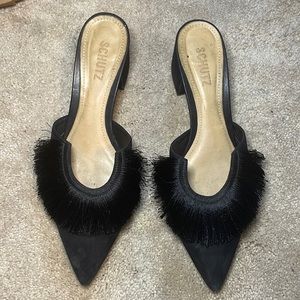 Schutz fringe pointed toe low block heel mules
